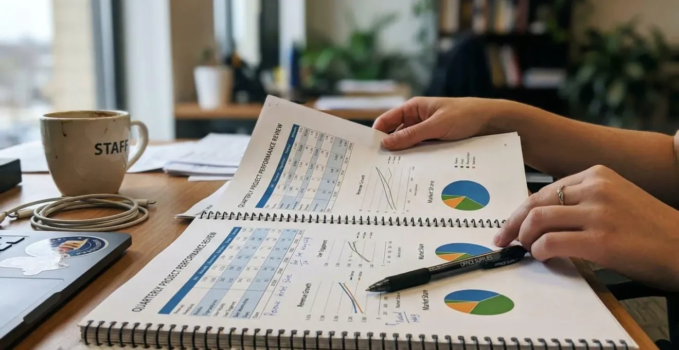 Gros plan sur des mains feuilletant un rapport imprimé contenant des graphiques et tableaux de données, stylo posé sur la page