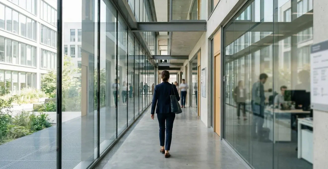 Personne de dos marchant dans le couloir lumineux d'un immeuble de bureaux moderne avec façade vitrée et signalétique floue