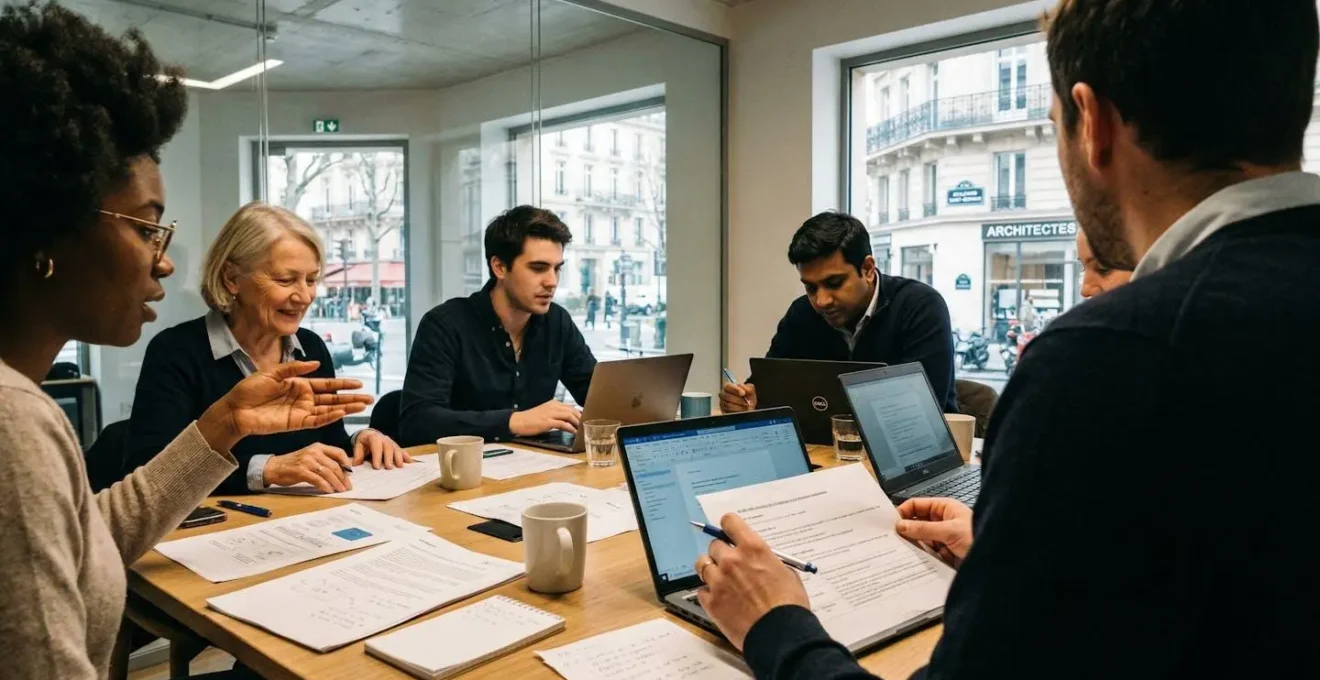 Groupe d'élus CSE réunis autour d'une table avec ordinateurs portables et documents, dans une salle de réunion moderne aux murs vitrés