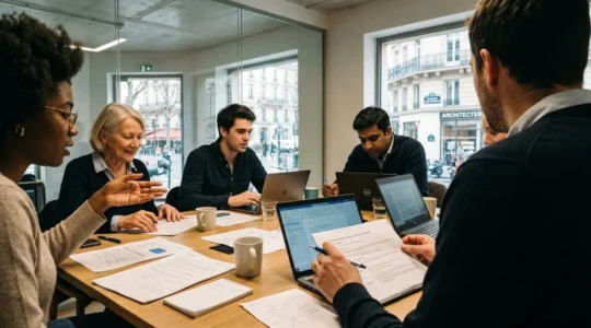 Groupe d'élus CSE réunis autour d'une table avec ordinateurs portables et documents, dans une salle de réunion moderne aux murs vitrés