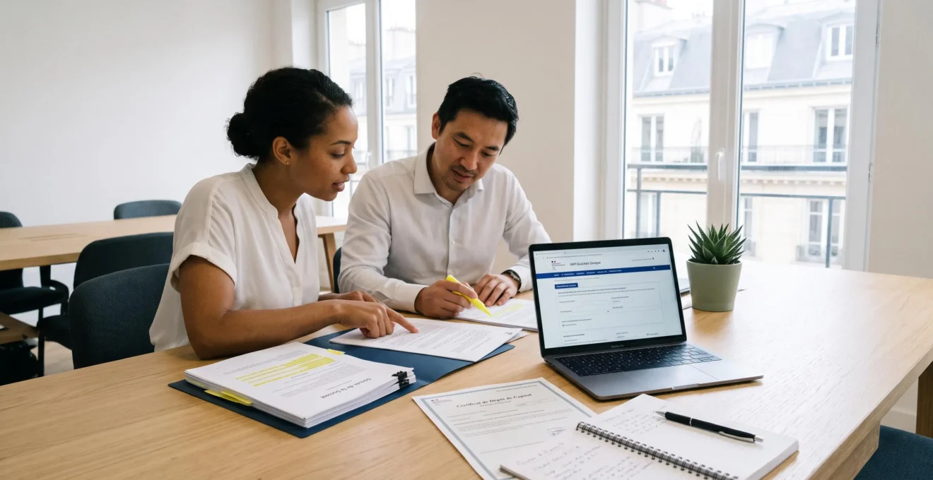 Deux entrepreneurs français assis à une table de bureau moderne consultant ensemble des documents officiels de création d'entreprise et statuts avec ordinateur affichant le Guichet Unique INPI