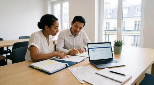 Deux entrepreneurs français assis à une table de bureau moderne consultant ensemble des documents officiels de création d'entreprise et statuts avec ordinateur affichant le Guichet Unique INPI