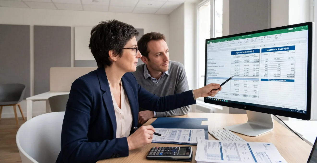 Expert-comptable française et entrepreneur consultant sur écran d'ordinateur simulation fiscale comparative impôt sur les sociétés versus impôt sur le revenu avec tableau détaillé